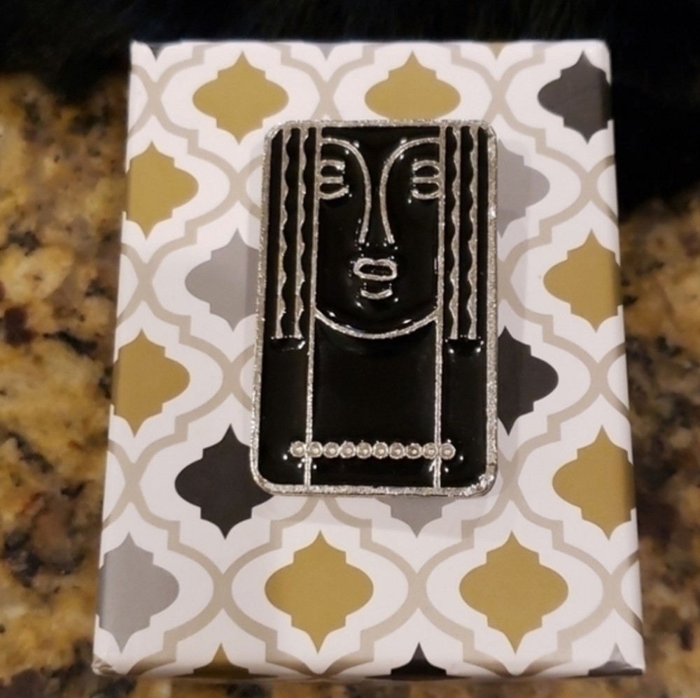 Vtg RITZ Pewter Black Silver Enamel Woman‎ Brooch/Pendant
